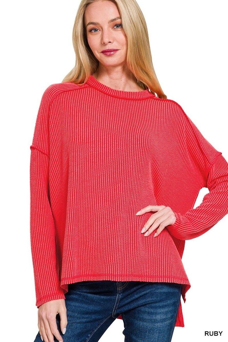 ZENANA RAISED RIB RAW EDGE BOAT NECK LONG SLEEVE TOP